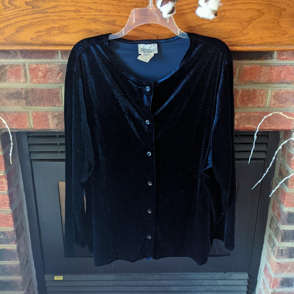 Blue and black cheetah print velor 3/4 sleeve cardigan women's plus size 22w/24w